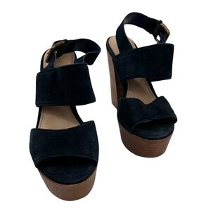 Aldo Blue Suede Maximoa Platform Faux Wood Block Heels Size 6.5 Women's